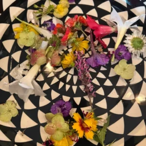 Assorted blooms displayed on optical illusion background