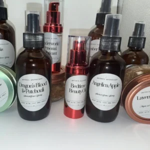 Natural beauty products on white surface